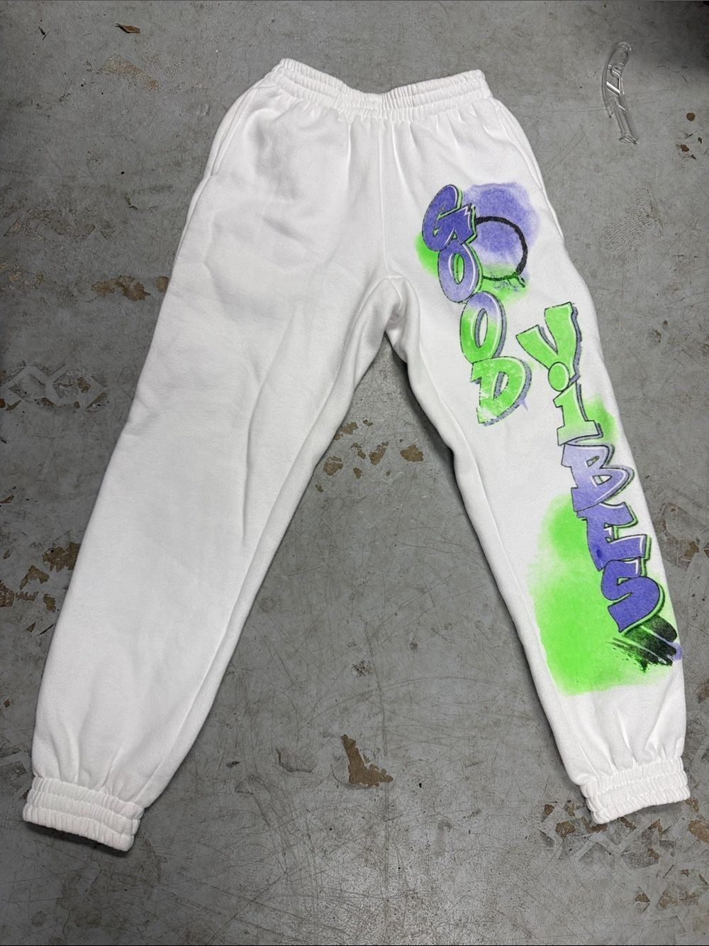 ADIKA White Sweatpants with Purple & Neon Green Graffiti Print - "Good Vibes" XS